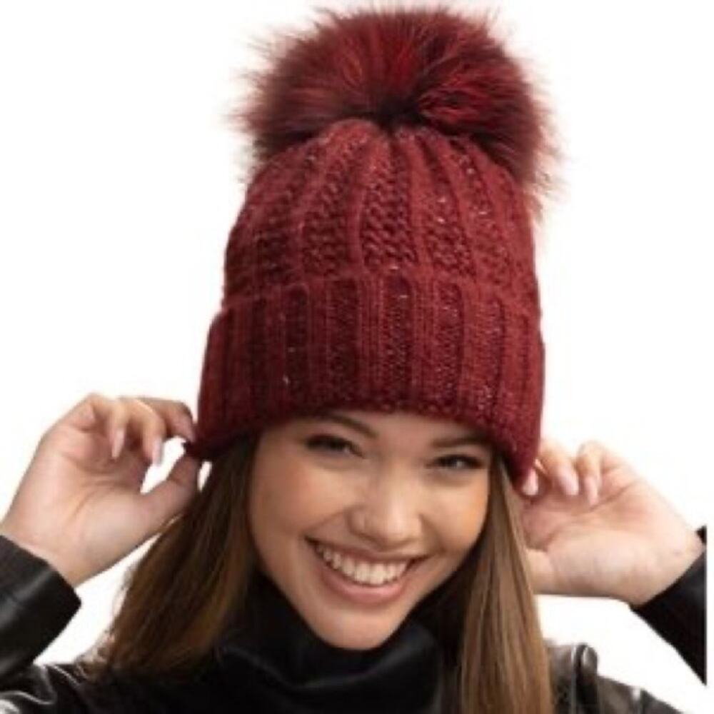 Kyi Kyi Faux Fur Pom Beanie Fleece Lined Burgundy Red Chunky Knit‎